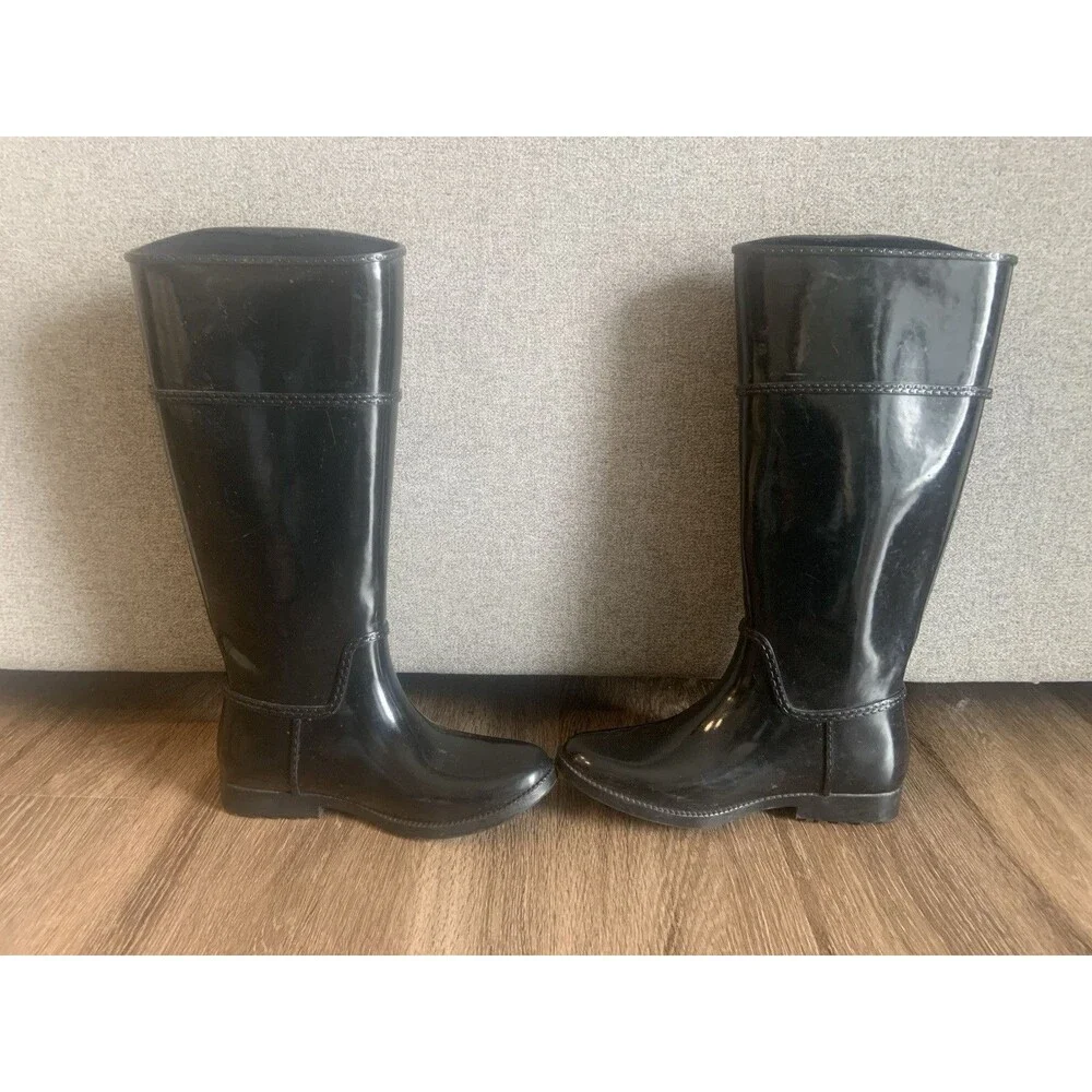 MK Knee High Shiny Black Rain Boots Almond Toe Gold Logo Womens Size 7